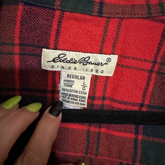 Eddie Bauer Red Gree Black Plaid Shirt - Picture 3 of 5